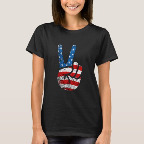 American Flag Peace Sign V Hand Sing T_Shirt
