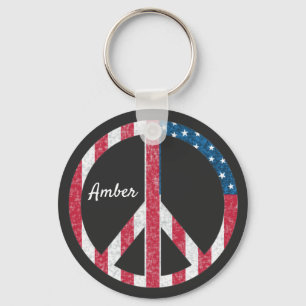 American Flag Peace Sign Vintage Red White & Blue Keychain