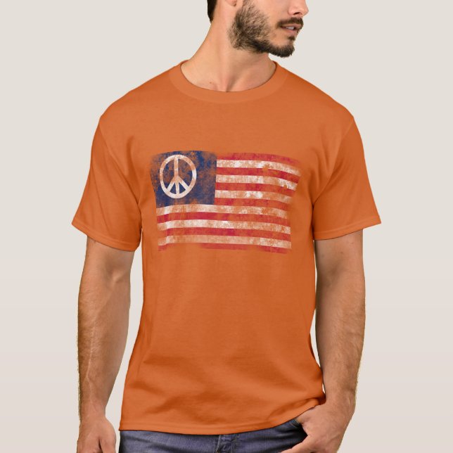 American Flag & Peace Symbol Distressed Design T-Shirt (Front)