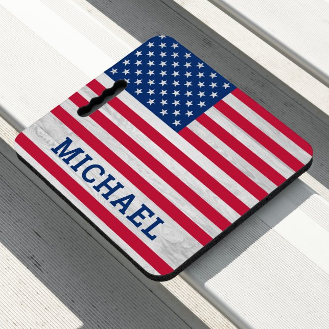 American Flag Personalize Patriotic Red White Blue Seat Cushion (In Situ)