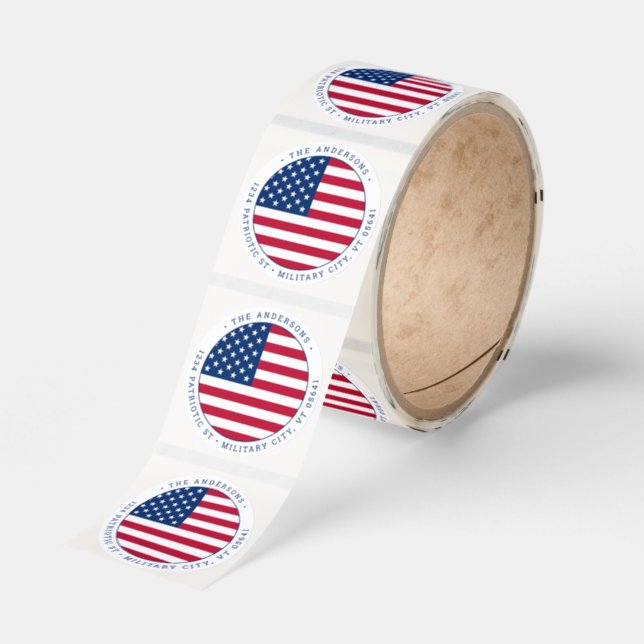 American Flag Personalize Patriotic Return Address Classic Round Sticker (Roll)