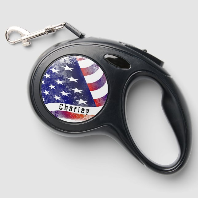 American Flag Personalized Dog Retractable Pet Leash (Front)