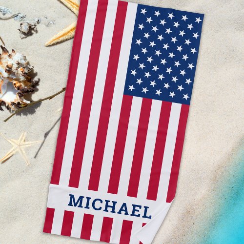 American Flag Personalized Name Patriotic Beach Towel