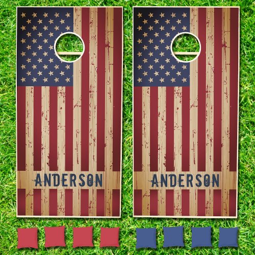 American Flag Personalized Name Rustic Wood  Cornhole Set
