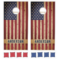 American Flag Personalized Name Rustic Wood  Cornhole Set