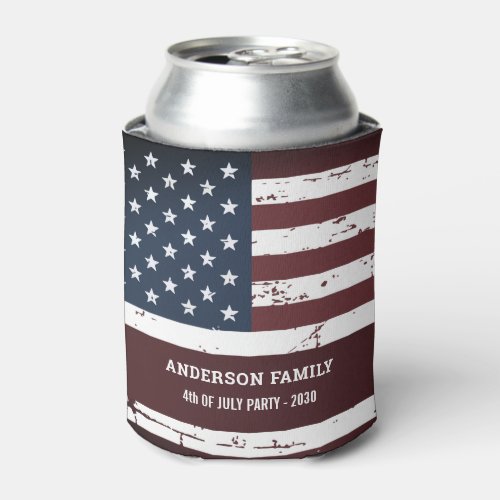 American Flag Personalized Patriotic 4th of July  Can Cooler - Host your 4th of July party with this USA American Flag can cooler in a distressed worn design. This united states of america flag can cooler is perfect for fourth of July party, Memorial day party decor, family reunions, military graduation or retirement party favors and patriotic celebrations. Personalize this american flag can cooler with family name.
COPYRIGHT © 2020 Judy Burrows, Black Dog Art - All Rights Reserved. American Flag Personalized Patriotic 4th of July Can Cooler