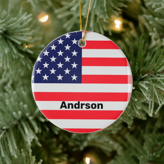 American Flag Personalized Patriotic Stars Stripes Ceramic Ornament (Tree)