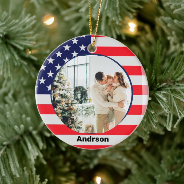 American Flag Personalized Patriotic Stars Stripes Ceramic Ornament (Tree)