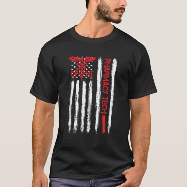 American Flag Pharmacy Technician CPhT Tech Pharma T-Shirt (Front)