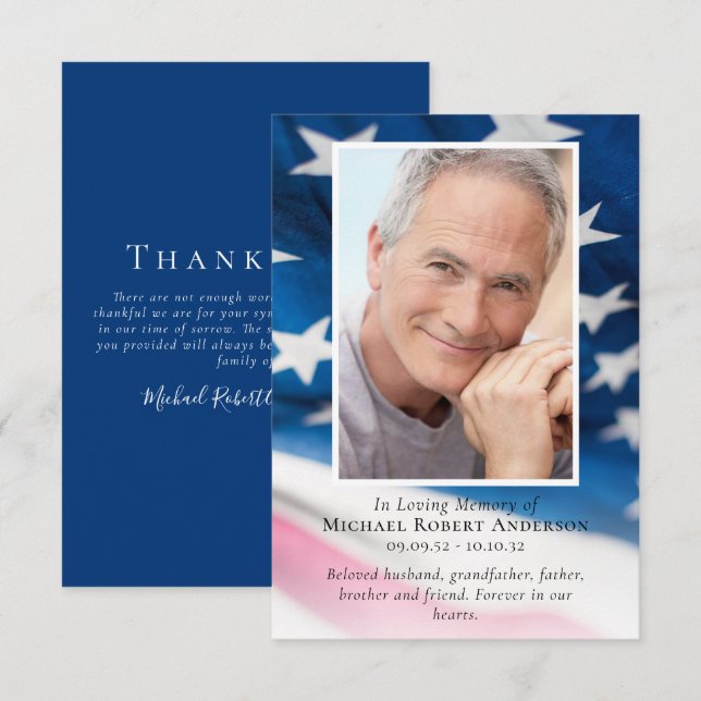 American Flag Photo Memorial  Thank You Card (Front/Back)