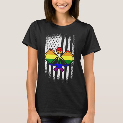 American Flag Pickleball LGBT_Q Rainbow Bat Gay Pr T_Shirt