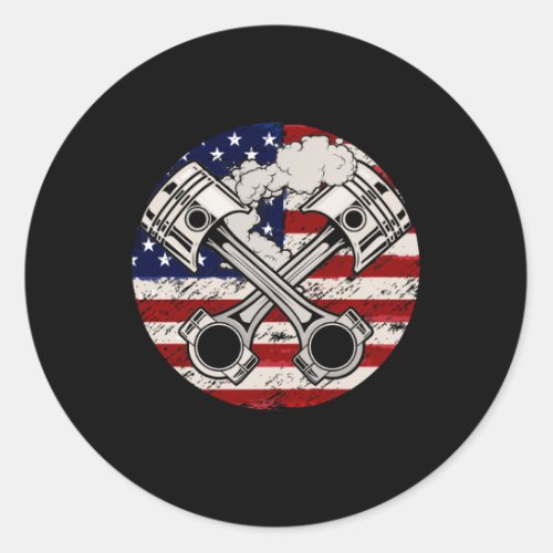 American Flag Piston Muscle Car Patriotic Vintage Classic Round Sticker