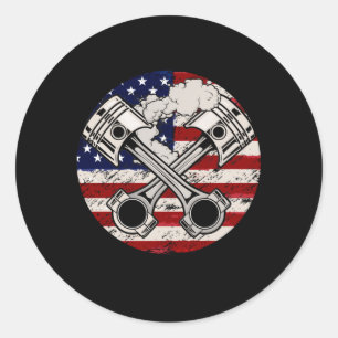 American Flag Piston Muscle Car Patriotic Vintage Classic Round Sticker
