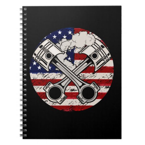 American Flag Piston Muscle Car Patriotic Vintage Notebook