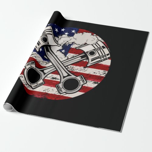 American Flag Piston Muscle Car Patriotic Vintage Wrapping Paper
