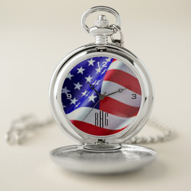 American Flag Pocket Watch with 3-Initials (Inside)