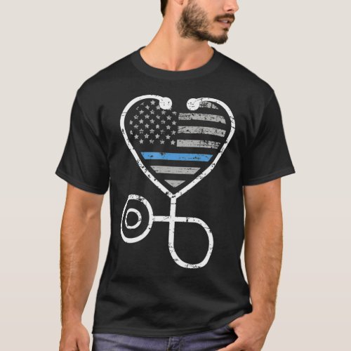 American Flag Police Thin Blue Line Heart Nurse T_Shirt