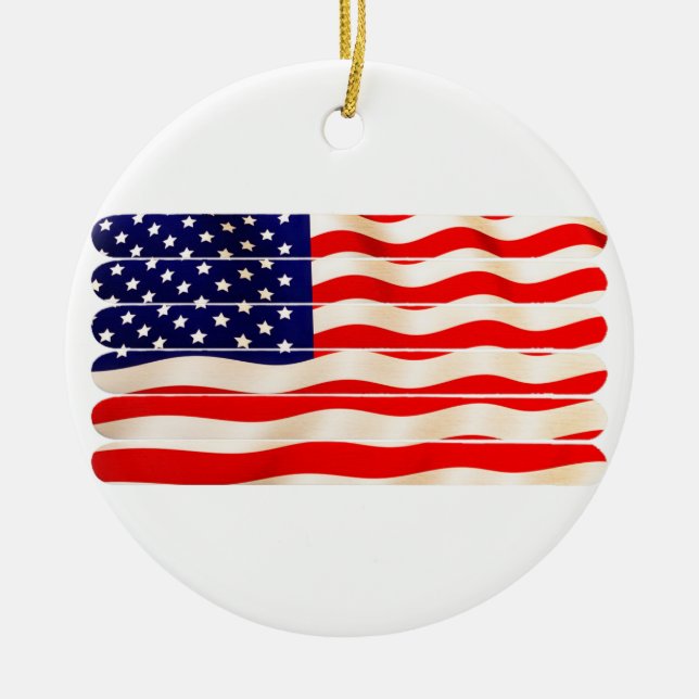 American Flag Popsicle Stick Folkart Ceramic Ornament (Front)