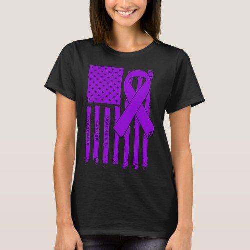 American Flag Purple Ribbon Pancreatic Cancer Awar T_Shirt