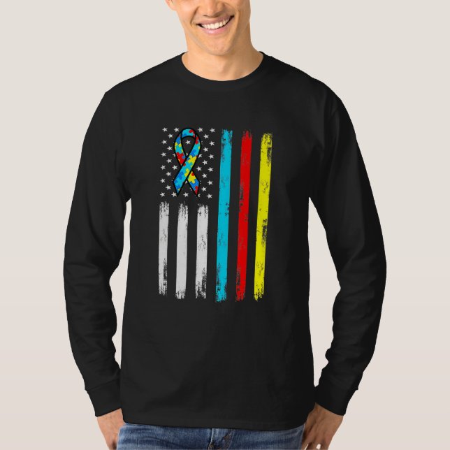American Flag Puzzle Piece Ribbon Cool Autism Awar T-Shirt (Front)