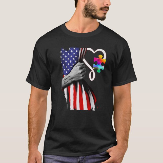 American Flag Puzzle Piece Ribbon Cool Autism Awar T-Shirt (Front)