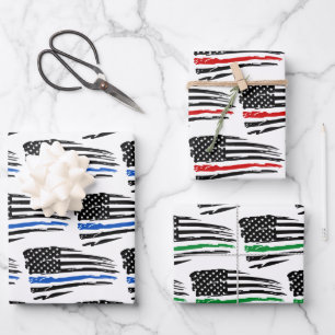 American Flag Red Blue Green Police Fire Military Wrapping Paper Sheets