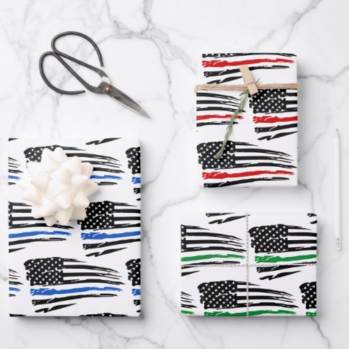 American Flag Red Blue Green Police Fire Military  Wrapping Paper Sheets