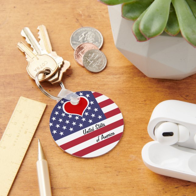 American Flag & Red Heart, Love USA / America Keychain (Desk)