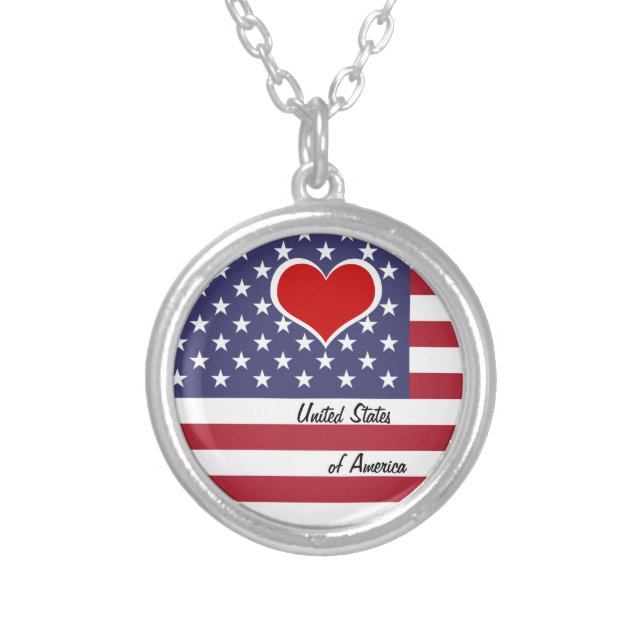 American Flag & Red Heart - USA/sports fan Silver Plated Necklace (Front)