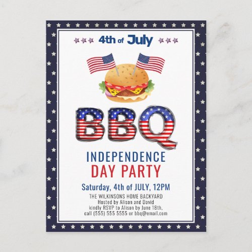 American Flag Red White Blue 4th of JULY BBQ   Invitation Postcard