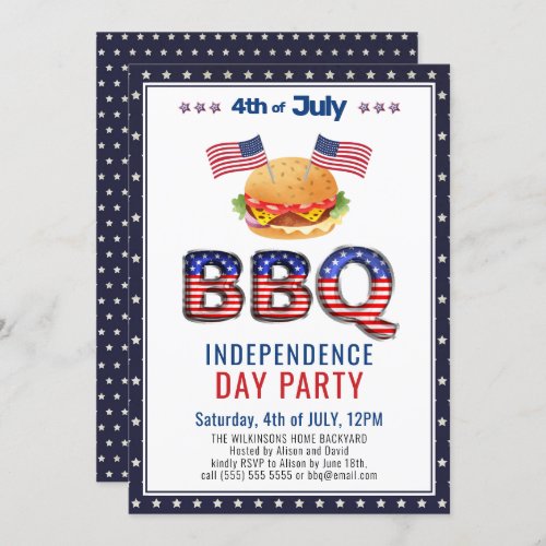 American Flag Red White Blue 4th of JULY BBQ Party Invitation