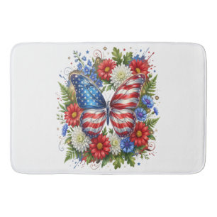 American Flag Red White Blue Butterfly Floral Bath Mat