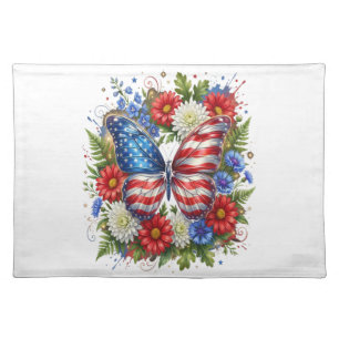 American Flag Red White Blue Butterfly Floral Cloth Placemat