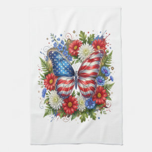 American Flag Red White Blue Butterfly Floral Kitchen Towel