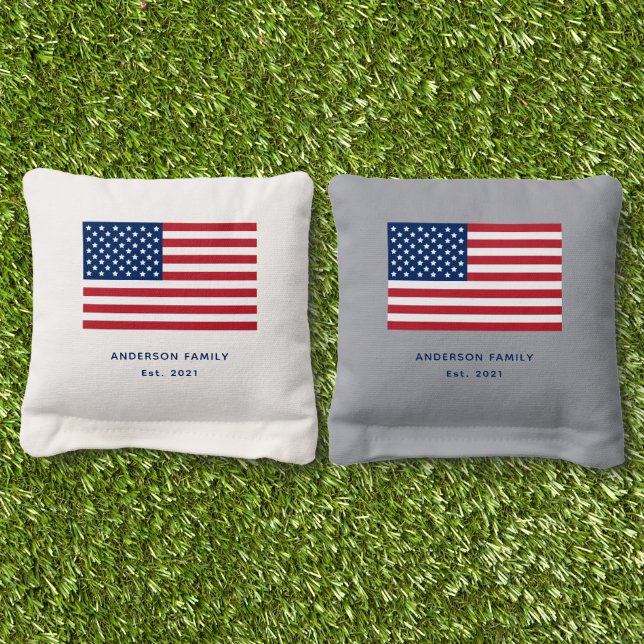 American Flag Red White Blue Custom Monogram Name Cornhole Bags (Grass)