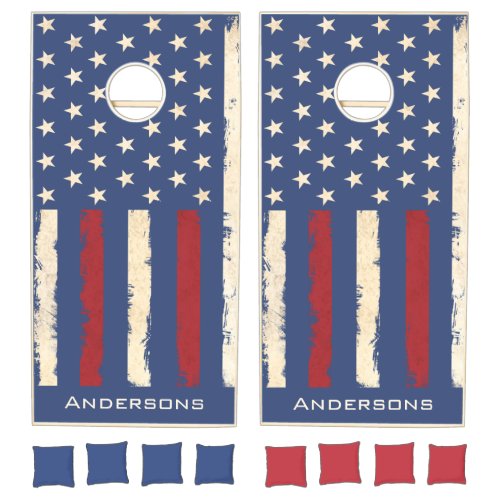 American Flag Red White Blue Custom Monogram Name  Cornhole Set