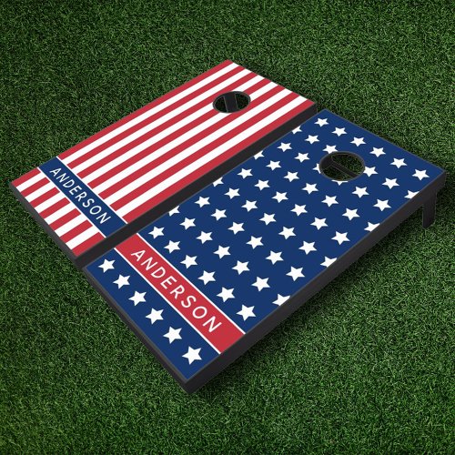 American Flag Red White Blue Custom Monogram Name Cornhole Set