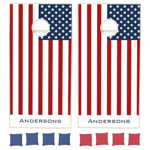 American Flag Red White Blue Custom Monogram Name  Cornhole Set