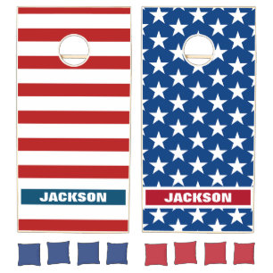American Flag Red White Blue Custom Monogram Name Cornhole Set