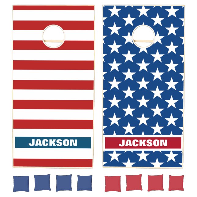 American Flag Red White Blue Custom Monogram Name  Cornhole Set (Set)