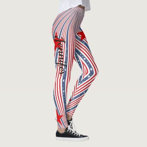 American Flag Red White Blue Custom Name Leggings