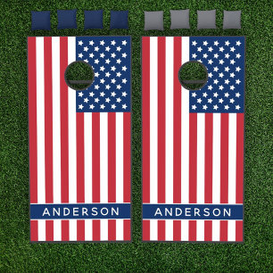 American Flag Red White Blue Family Name Cornhole Set