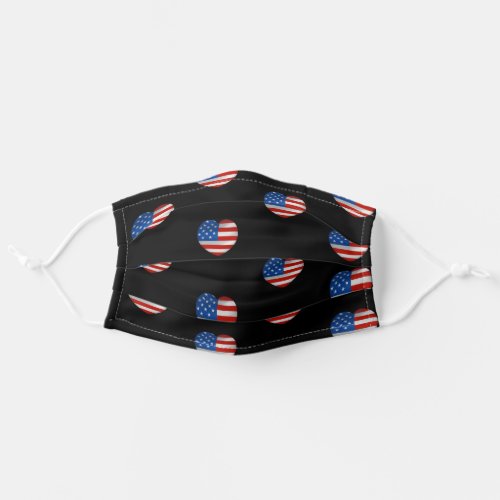 American Flag Red White  Blue Heart  on black Adult Cloth Face Mask
