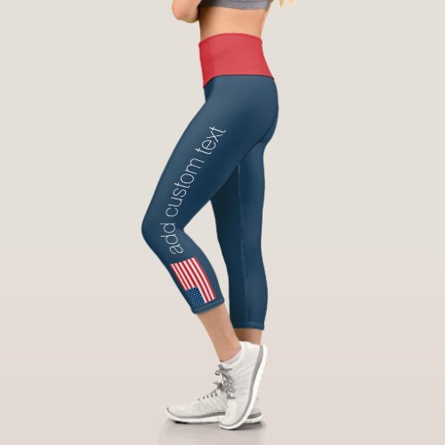 American Flag Red White Blue Modern Text Capri Leggings