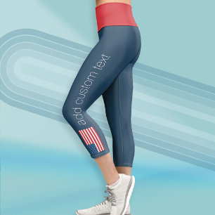 American Flag Red White Blue Modern Text Capri Leggings