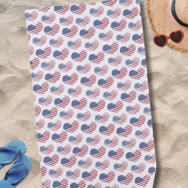American Flag Red White Blue Patriotic Beach Towel (Cute Patriotic American Flag Rustic Heart Pattern Beach Towel)