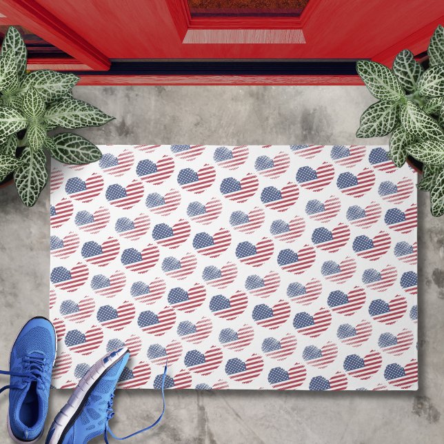 American Flag Red White Blue Patriotic Doormat (Cute Patriotic American Flag Rustic Heart Pattern Doormat)