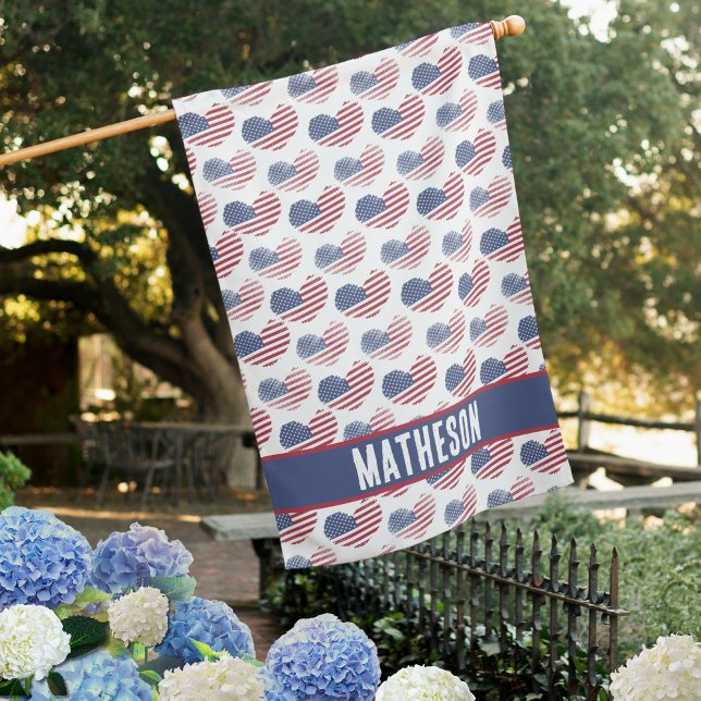 American Flag Red White Blue Patriotic Family Name (Cute Patriotic USA America Rustic Heart Pattern House Flag)