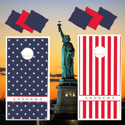 American Flag Red White Blue Patriotic Monogram Co Cornhole Set