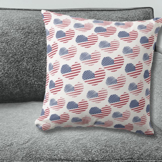American Flag Red White Blue Patriotic Throw Pillow (Cute Patriotic American Flag Rustic Heart Pattern Throw Pillow)